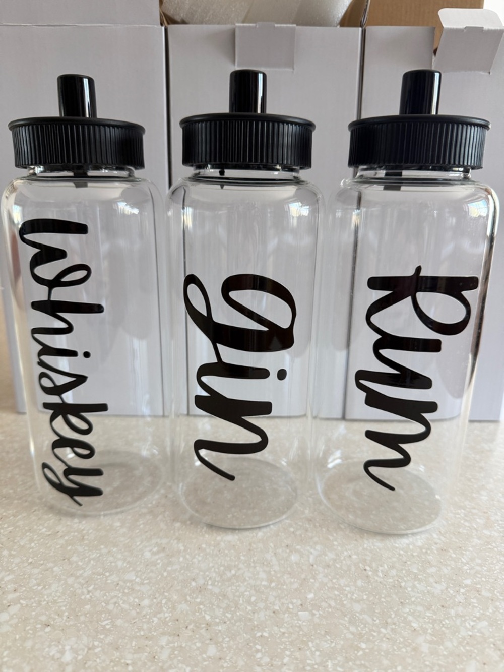 Bartesian Glass Spirit Bottles with Black Lid and Script Name